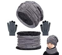 CheChury Enfants Bonnet Chapeau Tricot, Chauffant Bonnet Tricot Écharpe avec Gants de Doublure Polaire Épais Tour pour Garçons Filles, Sports (Gris-1, Taille unique)