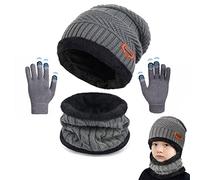 CheChury Enfants Bonnet Chapeau Tricot, Chauffant Bonnet Tricot Écharpe avec Gants de Doublure Polaire Épais Tour pour Garçons Filles, Sports,Taille unique,Gris