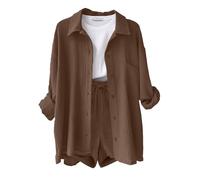 CheChury Ensemble 2 Pièces été Femme Chic et Elegant Chemise Manches Longues et Shorts 2 Pièces Survêtement Femme Ensemble de Plage en Coton Lin Tenues élégante Décontracté été Loungewear