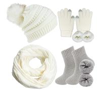 CheChury Femme Ensemble Écharpe Bonnet Gant et Chaussettes Doux Chaud Tricoté Bonnet Tactiles Gants Pompon Chapeau Écharpe 4 en 1 Ensemble Thermique d'hiver,Blanc