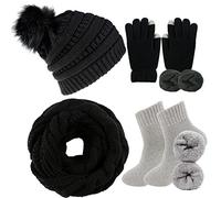 CheChury Femme Ensemble Écharpe Bonnet Gant et Chaussettes Doux Chaud Tricoté Bonnet Tactiles Gants Pompon Chapeau Écharpe 4 en 1 Ensemble Thermique d'hiver,Noir
