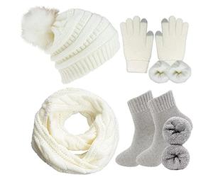 CheChury Femme Ensemble Écharpe Bonnet Gant et Chaussettes Doux Chaud Tricoté Bonnet Tactiles Gants Pompon Chapeau Écharpe 4 en 1 Ensemble Thermique d'hiver,Blanc