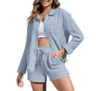 CheChury Femme Ensembles en Lin Chemise Manches Courtes et Shorts 2 Pièces Survêtement Femme Streetwear été Couleur Pure Décontracté Ensemble en mousseline d'été Tenue 2 pièces femme Loungewear