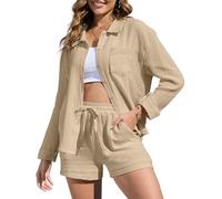 CheChury Femme Ensembles en Lin Chemise Manches Courtes et Shorts 2 Pièces Survêtement Femme Streetwear été Couleur Pure Décontracté Ensemble en mousseline d'été Tenue 2 pièces femme Loungewear