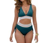 CheChury Femme Maillot de Bain 2 Pieces Sexy Col en V Bikini Triangle Push Up Ensembles Maillots Taille Haute Swimsuit Bande élastique à Rayures Swimwear de Plage,Vert foncé,M