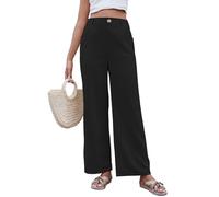 CheChury Femme Pantalon en Coton Lin Fluide Avec Boutons Taille Haute Elastique Large Décontracté Chic et Elegant Avec Poches Été Causal Pants, Noir, M