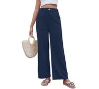 CheChury Femme Pantalon en Coton Lin Fluide Pantalon avec Boutons Taille Haute Elastique Pantalon Large Décontracté Pantalon Chic et Elegant avec Poches Été Causal Pants,Navy,XL