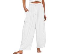 CheChury Femme Pantalon Fluide été Lin Coton Pantalon Casual Ample Léger Pants avec Poches Taille Elastique Chic Pantalon,Blanc,XXL