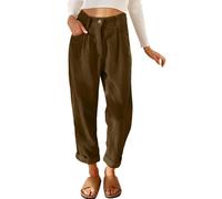 CheChury Femme Pantalon Velours Côtelé Élastique Taille Pantalon Décontracté Chic Pantalons avec Poche Bouton Zippé Jambe Droit Pants Automne Hiver