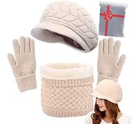 CheChury Femme Tricot Béret Chapeau Écharpe Gants à Écran Tactile Ensemble Chaud Tricot Tour de Cou avec Doublure Polaire pour Femme,Beige,Taille unique