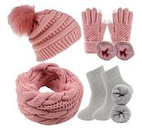 CheChury Femme Tricotés Écharpe Bonnet et Gants Hiver Ensemble Chauffant Pompom Bonnet Chaude Echarpe Tube Écharpe avec Gants d'écran Tactile Chaussettes 4 Pièces,C-Rose