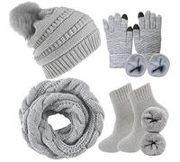 CheChury Femme Tricotés Écharpe Bonnet et Gants Hiver Ensemble Chauffant Pompom Bonnet Chaude Echarpe Tube Écharpe avec Gants d'écran Tactile Chaussettes 4 Pièces,C-Gris