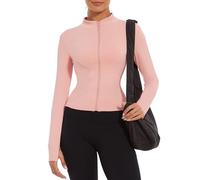 CheChury Femme Veste de Sport Manche Longue Veste de Yoga Femme Trou Pouce Haut Sport Séchage Rapide Zip Encolure Veste de Course pour Yoga Fitness Jogging,Rose,M