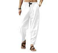 CheChury Homme Pantalon Lin Coton été Pantalon Léger Décontracté Grande Taille Couleur Unie Taille Elastique Pantalon avec Poches Pants Confortable Chic,Blanc,3XL