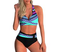 CheChury Maillots de Bain Femmes 2 Pieces Grande Taille Tankini Taille Haute Bikini Push Up Monokini Dos Nu Plage Slim Beachwear Imprimer Vintage Bikini V-Cou Swimwear de Plage,Bleu,S