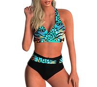 CheChury Maillots de Bain Femmes 2 Pieces Grande Taille Tankini Taille Haute Bikini Push Up Monokini Dos Nu Plage Slim Beachwear Imprimer Vintage Bikini V-Cou Swimwear de Plage,Vert,XL