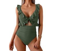 CheChury Maillots Une Pièce Femme Gainant Ventre Plat Maillot de Bain 1 Pieces à Manches Volantée Maillots de Bain Une Piece Femme Grande Taille Col en V Monokini Push Up Rembourré Swimwear Vintage