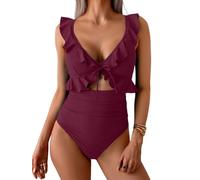 CheChury Maillots Une Pièce Femme Gainant Ventre Plat Maillot de Bain 1 Pieces à Manches Volantée Maillots de Bain Une Piece Femme Grande Taille Col en V Monokini Push Up Rembourré Swimwear Vintage