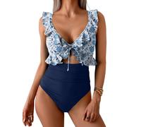 CheChury Maillots Une Pièce Femme Gainant Ventre Plat Maillot de Bain 1 Pieces à Manches Volantée Maillots de Bain Une Piece Femme Grande Taille Col en V Monokini Push Up Rembourré Swimwear Vintage