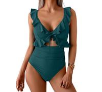 CheChury Maillots Une Pièce Femme Gainant Ventre Plat Maillot de Bain 1 Pieces à Manches Volantée Maillots de Bain Une Piece Femme Grande Taille Col en V Monokini Push Up Rembourré Swimwear Vintage