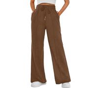CheChury Pantalon Jogging Femme Fluide Pantalons de Sport Jambe Droite Large avec Poches et Taille Élastique Décontracté Jogging pour Running Fitness Training,Marron,S