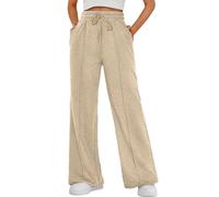 CheChury Pantalon Jogging Femme Fluide Pantalons de Sport Jambe Droite Large avec Poches et Taille Élastique Décontracté Jogging pour Running Fitness Training,Kaki,M