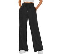 CheChury Pantalon Jogging Femme Fluide Pantalons de Sport Jambe Droite Large avec Poches et Taille Élastique Décontracté Jogging pour Running Fitness Training,Noir,L