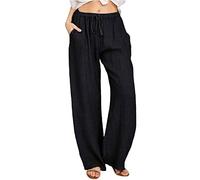 CheChury Pantalon Lin Femme Été Décontractés Pantalons Mode Coton Chanvre Confortable Jogging Plage Rétro Pants Taille Elastique Pantalon avec Poches,Noir,XL