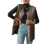 CheChury Veste sans Manches Femme Gilet Allongé Léger Gilet en Polaire Douce Hiver Chaude Epaisse Teddy Vest Automne Décontracté Manteau avec Boutons Poches,Marron,XL