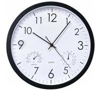 Chedin Grande horloge murale ronde à quartz sans tic-tac - Résistante aux intempéries - Avec thermomètre et hygromètre - Étanche - Pour extérieur et jardin - Noir - 30,5 cm