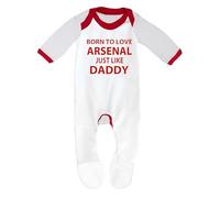 Cheekytots Pyjama pour bébé garçon et fille « Born To Love Arsenal Just Like Daddy » conçu et imprimé au Royaume-Uni en 100% coton peigné fin. (6-12 mois, Blanc/Bordure Rouge)