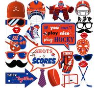 Cheereveal 24Pcs Rouge Bleu Hockey Photo Booth Accessoires Kit, Bâton De Hockey Casque Lunettes Barbe Selfie Accessoires pour Garçons Filles Anniversaire Bébé Douche Sports Thème Décorations De Fête