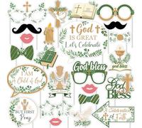 Cheereveal 24Pcs Vert Baptême Photo Booth Accessoires, Dieu bénisse la première Sainte Communion Selfie Props pour garçon Fille Baptême Religieux Party Décorations Fournitures