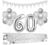 Cheereveal Décoration de mariage en diamant, 60 bannières de mariage rubis argentées, numéro 60, ballons en aluminium, fanions, joyeux 60e anniversaire de mariage, fournitures de fête de mariage
