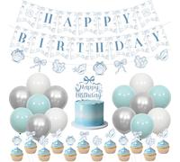 Cheereveal Décorations de fête d'anniversaire avec nœud bleu et coquillages, coquillages et étoiles de mer, bannière « Happy Birthday », pics à cupcakes d'animaux de l'océan, fournitures de fête sur