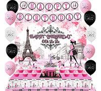 Cheereveal Décorations de fête d'anniversaire « Happy Birthday Paris » pour filles, rose, fournitures de fête d'anniversaire, toile de fond de table, bannière, tour Eiffel, décorations de cupcakes