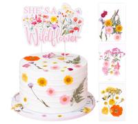 Cheereveal Décorations de gâteau à fleurs sauvages pour filles - « She Is A Wildflower » - Fleurs séchées - Décoration de gâteau - Fleur pressée - Fête d'anniversaire, fête prénatale, révélation du