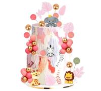Cheereveal Décorations de gâteau d'animaux de la jungle pour filles - Figurines d'animaux sur le thème des feuilles roses - Décoration de gâteau en forme de balle pour dessert, fête d'anniversaire,