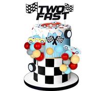 Cheereveal Lot de 2 décorations de gâteau d'anniversaire rapides pour garçons de 2 ans - Décoration de gâteau en forme de roue de voiture de course vintage - Fournitures de fête d'anniversaire pour 2e