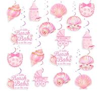 Cheereveal Lot de 24 serpentins de plafond à suspendre, A Little Beach Babe is on the Way, conque et coquillages, fête prénatale, révélation du sexe du sexe, fournitures de fête d'anniversaire