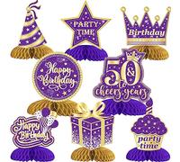 Cheereveal Lot de 8 décorations de 50e Anniversaire en nid d'abeille Violet et doré pour Tables, décorations de Table Cheers to 50 Ans pour Femmes, Fournitures de décoration de fête d'anniversaire de