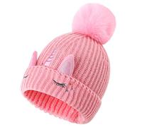 Cheerful Mario Hiver Bonnet à Tricoter avec Pompons pour Enfant Fille 3-9 Ans Licorne Mignonne Doublure en Peluche Chaude Rose-A