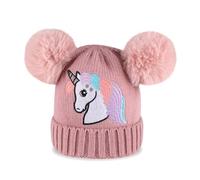 Cheerful Mario Hiver Bonnet à Tricoter avec Pompons pour Enfant Fille 3-9 Ans Licorne Mignonne Doublure en Peluche Chaude Rose-C