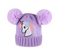 Cheerful Mario Hiver Bonnet à Tricoter avec Pompons pour Enfant Fille 3-9 Ans Licorne Mignonne Doublure en Peluche Chaude Violette C