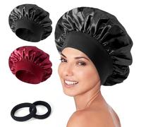 Cheerhom 2pcs Bonnet Satin Cheveux Nuit, Bonnet en Satin Femme Homme Charlotte Cheveux pour Soin des Cheveux Longs Spa Dormir Masque (Noir, Vin Rouge)