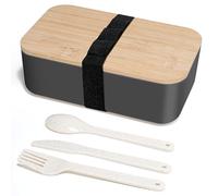 Cheerhom Boîte Bento Japonais Adulte avec Couvercle en Bambou, Lunch Box et Petit Four Boîte à Collation - Boîte Bento Bread avec Couverts,Taille 19 x 12 x 7 cm,Gris