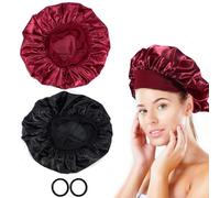 Cheerhom Bonnet Satin Cheveux Nuit，2pcs Bonnet Soie Bonnet en Satin avec 2 Élastiques Cheveux, Texturé de Soie, Bonnet de Nuit Femme pour Protection Courts Longs Bouclés (Noir, Vin Rouge)