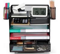 Organisateur de Bureau，Bac à Courrier Empilable 5 Niveaux, avec 2 support de dossiers, 2 Pot a Crayon, Plateau de Rangement de Bureau en métal, Range Document Bureau, Noir