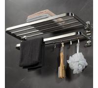 Cheerhom Porte Serviette, Étagère Murale Salle de Bain Porte-Serviettes Pliable en Acier Inoxydable avec 2 Niveaux et 4 Crochets, Support Serviette Multifonction pour Salle de Bain, 56 x 21 x 17cm