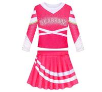Cheerleader Costume For Girls - Stretchy 2-Piece Uniform Dress Outfit Set, Youth Cheerleading Squad Dress With Pom Poms | Halloween Cosplay Role Play Costume For Kids Party Performance Carniva